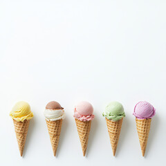 Colorful Ice Cream Cones on White Background