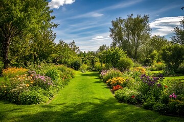 Green Grass Path Leading Through Lush Garden with Blooming Flowers and Blue Sky