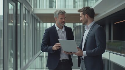 Fototapeta premium Strategic Collaboration in Modern Office: Two businessmen, one mature and one younger, engage in a productive discussion over a laptop in a light-filled office atrium. 