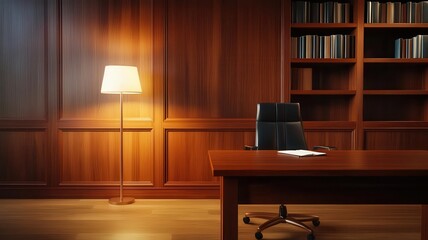 Elegant teak writing desk with vintage decor in a cozy library corner, soft lighting creating a warm ambiance, teak furniture, vintage library