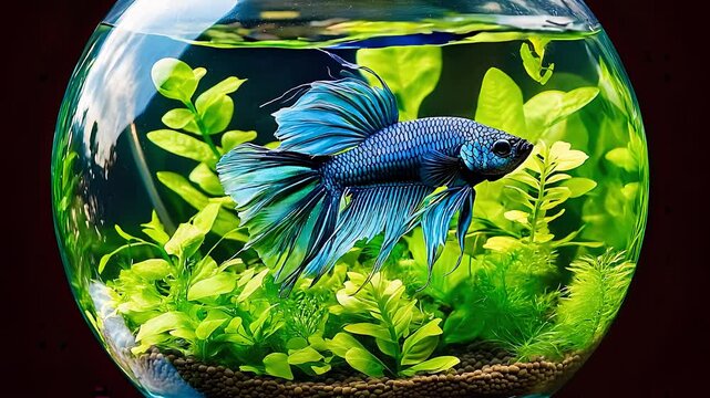 Blue betta fish swimming in a round glass aquarium with vibrant green plants and aquatic decor against dark background