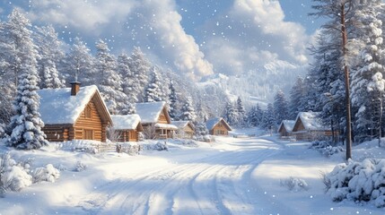 Fototapeta premium Charming winter village under soft snow, with log cabins framed by pine trees.