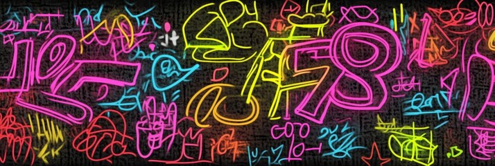 Vibrant Neon Graffiti Art on Urban Wall Showcasing Bold Letters and Symbols in an Abstract Style