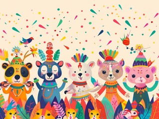 Fototapeta premium banner background of Navratri Day, [A playful illustration of animals dressed in traditional attire celebrating Navratri, bringing a whimsical touch to the festivities, 