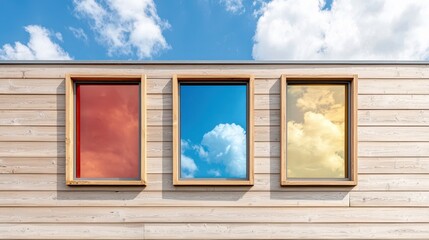 Colorful Windows with Reflection Against Blue Sky