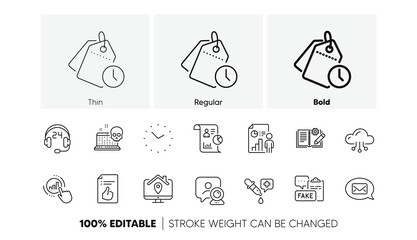 Approved document, Chemistry pipette and Cloud computing line icons. Pack of Video conference, Time, Graph chart icon. Time management, Business report, Fake document pictogram. Line icons. Vector