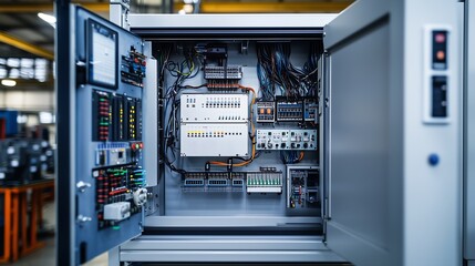  electric control panel with open doors in a factory