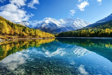 Mountain lake reflection, clear blue sky with white clouds, autumn foliage and snow capped peaks