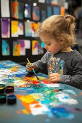 A young child painting on a colorful canvas, showcasing creativity and artistic expression.