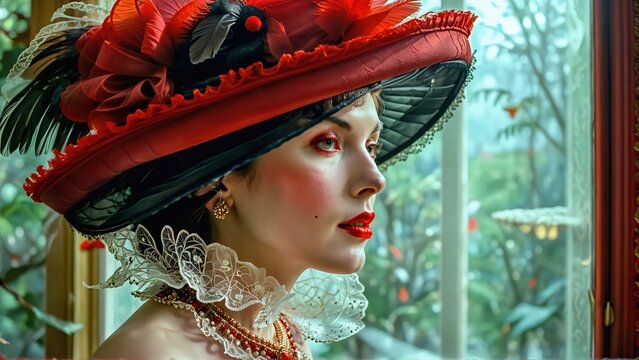 Mujer joven estilo hermosa, vintage, fotograf&iacute;a antigua, en un lugar elegante aunque antiguo, porta un sombrero refinado con elegancia y sensualidad