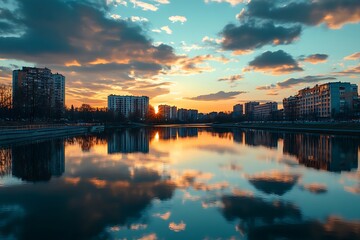 Fototapeta premium Cityscape silhouette at sunset reflected in calm lake water