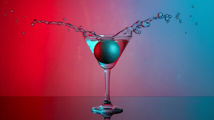 Green sphere in martini glass with red and blue background,  abstract  concept of  celebration and nightlife. 
