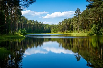 Tranquil Forest Lake Scene with Clear Blue Sky and Reflections