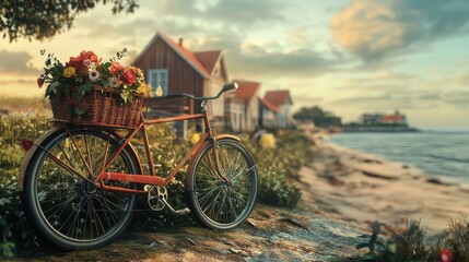 Charming Bicycle with Flowers by the Shoreline