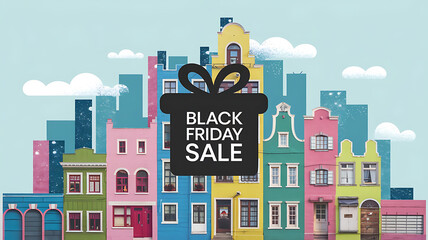 Obraz premium Colorful houses and a Black Friday sale gift box, celebrating the holiday shopping season. 