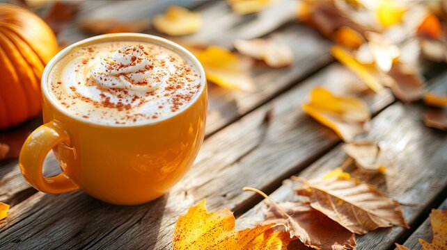 Pumpkin latte coffee with spices and cinnamon. Autumn hot drink on a rustic wooden table decorated with yellow leaves and pumpkin under the sun. Cosines, Halloween, warmth concept. Vertical 
