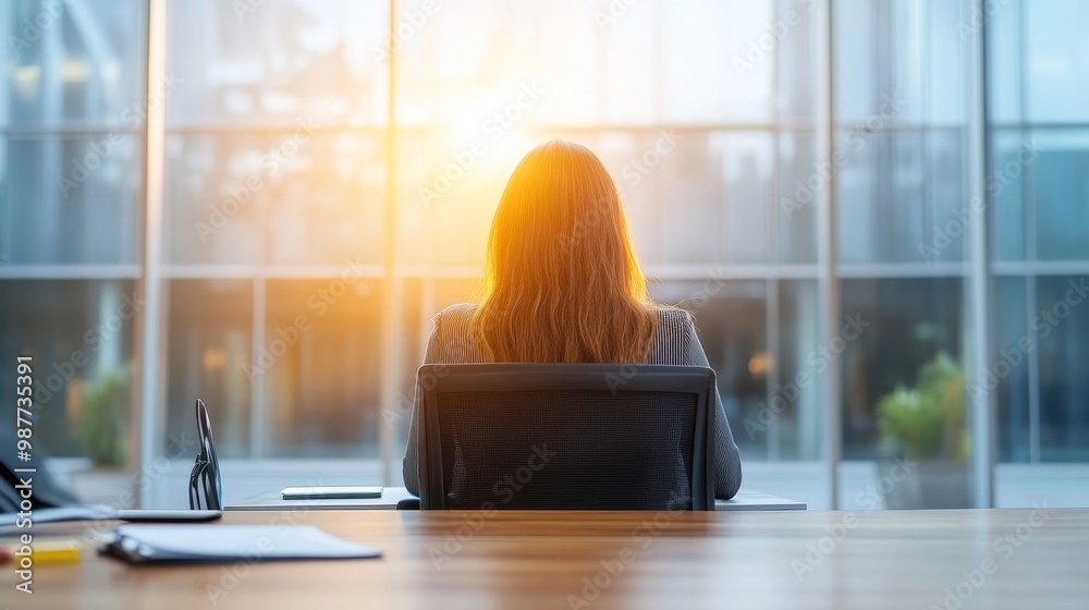 Wall mural woman at office desk with sunlight background