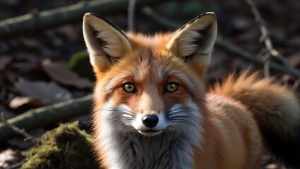 Fototapeta premium This stunning close-up of a fox’s face captures the raw beauty and intensity of wildlife photography. The image highlights the fox’s sharp, piercing eyes and the fine details of its fur.