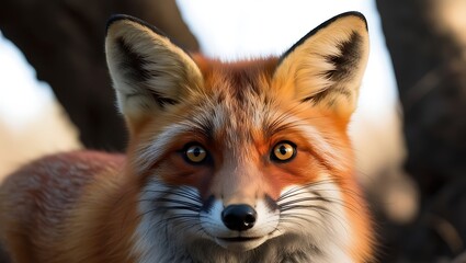 Fototapeta premium This stunning close-up of a fox’s face captures the raw beauty and intensity of wildlife photography. The image highlights the fox’s sharp, piercing eyes and the fine details of its fur.