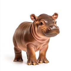 A small, adorable toy hippopotamus with a shiny, textured surface, standing upright and smiling, resembling a real baby hippo.