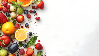 Healthy Food Ingredients Background: Top View of Fresh Vegetables and Fruits with Space for Text - Recipe and Menu Card Template