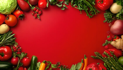 Healthy Food Ingredients Background: Top View of Fresh Vegetables and Fruits with Space for Text - Recipe and Menu Card Template