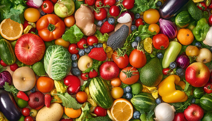 Healthy Food Ingredients Background: Top View of Fresh Vegetables and Fruits with Space for Text - Recipe and Menu Card Template