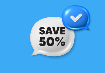 Save 50 percent off tag. Text box speech bubble 3d icons. Sale Discount offer price sign. Special offer symbol. Discount chat offer. Speech bubble banner. Text box balloon. Vector