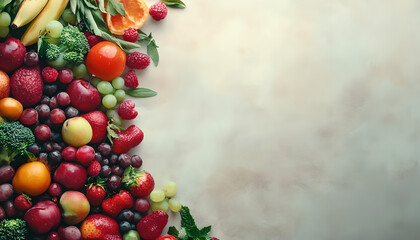 Healthy Food Ingredients Background: Top View of Fresh Vegetables and Fruits with Space for Text - Recipe and Menu Card Template