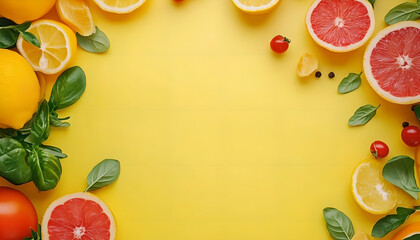 Healthy Food Ingredients Background: Top View of Fresh Vegetables and Fruits with Space for Text - Recipe and Menu Card Template