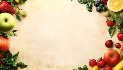 Healthy Food Ingredients Background: Top View of Fresh Vegetables and Fruits with Space for Text - Recipe and Menu Card Template