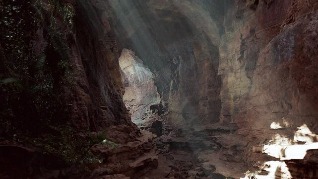 Sunlight streaming through a majestic cave in the mountains, creating a mesmerizing volume light effect