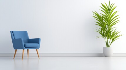 Modern Blue Chair and Green Plant in Minimalist Space