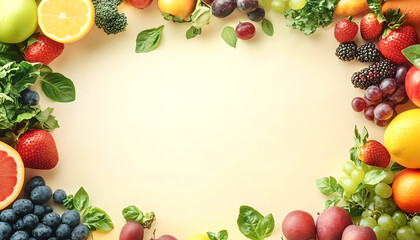 Healthy Food Ingredients Background: Top View of Fresh Vegetables and Fruits with Space for Text - Recipe and Menu Card Template