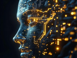 glowing circuit board forming ai face profile futuristic tech concept