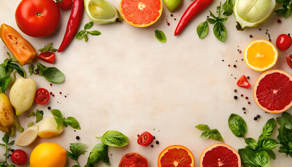Healthy Food Ingredients Background: Top View of Fresh Vegetables and Fruits with Space for Text - Recipe and Menu Card Template