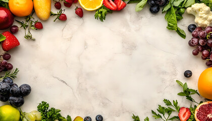 Healthy Food Ingredients Background: Top View of Fresh Vegetables and Fruits with Space for Text - Recipe and Menu Card Template