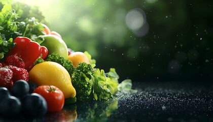 Healthy Food Ingredients Background: Top View of Fresh Vegetables and Fruits with Space for Text - Recipe and Menu Card Template
