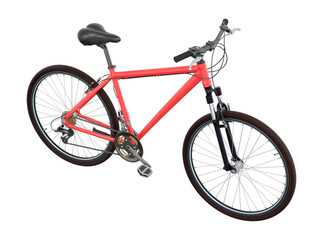 Red bicycle, side top view. Black leather saddle and handles. Png clipart isolated on transparent background