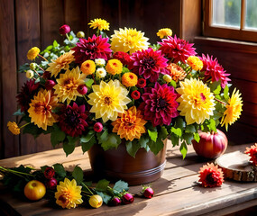 Bouquet of dahlias, chrysanthemums and roses, autumn colors, wooden table.