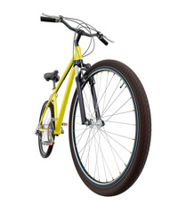 Yellow bicycle, front side view with wide angle shot of the front wheel. Black leather saddle and handles. Png clipart isolated on transparent background