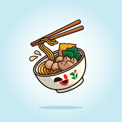 Delicious traditional Indonesian meatball noodle - Mie Bakso with chopstick on bowl. Food vector cartoon illustration