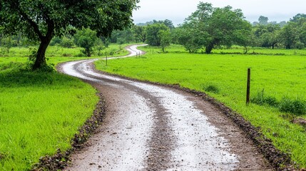 Obraz premium Serene Curved Road Through Lush Green Landscape