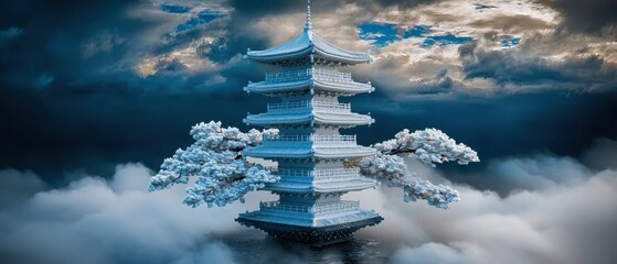 Pagoda Floating in Clouds with Trees