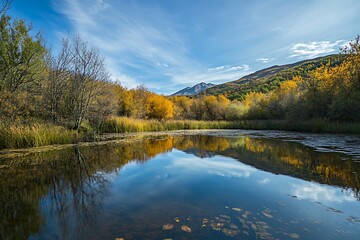 Fototapeta premium Scenic Autumn Landscape with Pond, Mountains, and Yellow Trees