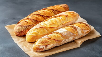 Fragrant French baguettes on kraft paper.