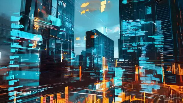 Futuristic cityscape with glowing blue and orange digital data layers, representing a smart city and advanced urban technology concept