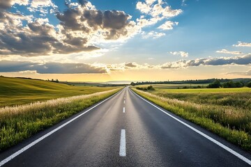 Fototapeta premium Asphalt Road Leading to Horizon with Sunny Sky and Green Grass Fields. Empty Straight Road Concept for Travel, Freedom, and Journey