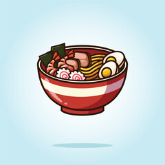 Delicious ramen noodle with fried shrimp, beef, and boiled egg. Japanese asian noodle. Food vector cartoon illustration