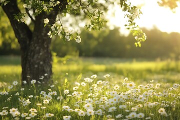 Sun shining through blooming tree branches over field of daisies